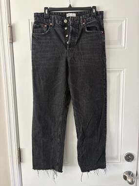 Zara Black High-Rise Straight Leg Button Fly Jeans with Raw Hem size 40 / 8